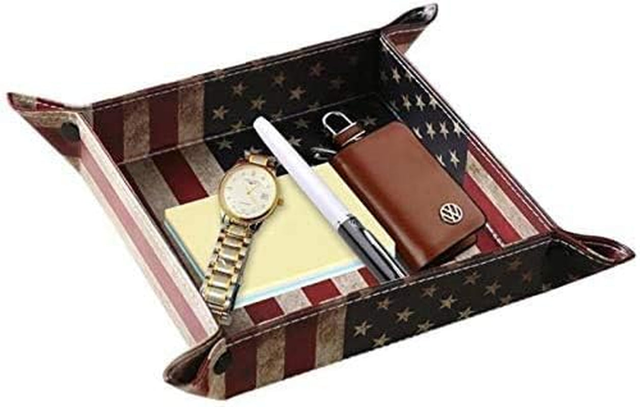 Valet Tray Desktop Storage Organizer, Vegan Leather Catchall Tray Bedside Vanity Tray Nightstand Caddy Holder for Remote Controller, Watch, Keys, Phone, Wallet, Sunglasses, Jewelry - Flag